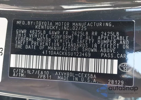 2025 Toyota Camry Se z USA, uszkodzony, nr VIN 4T1DAACK6SU123469